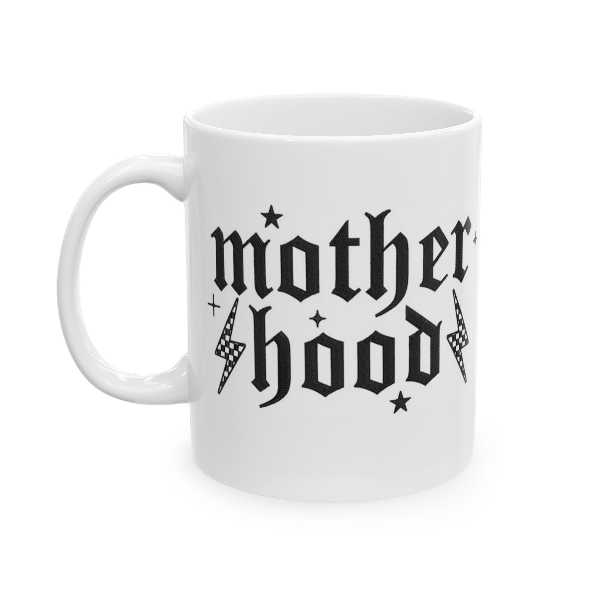 Motherhood Gothic Ceramic Mug — 'motherhood' Black Script Coffee Cup (11oz, 15oz)